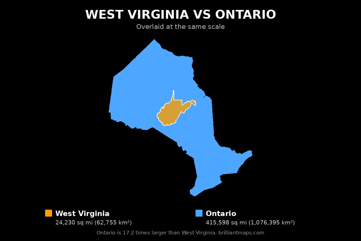 West Virginia vs Ontario Size Comparison Map