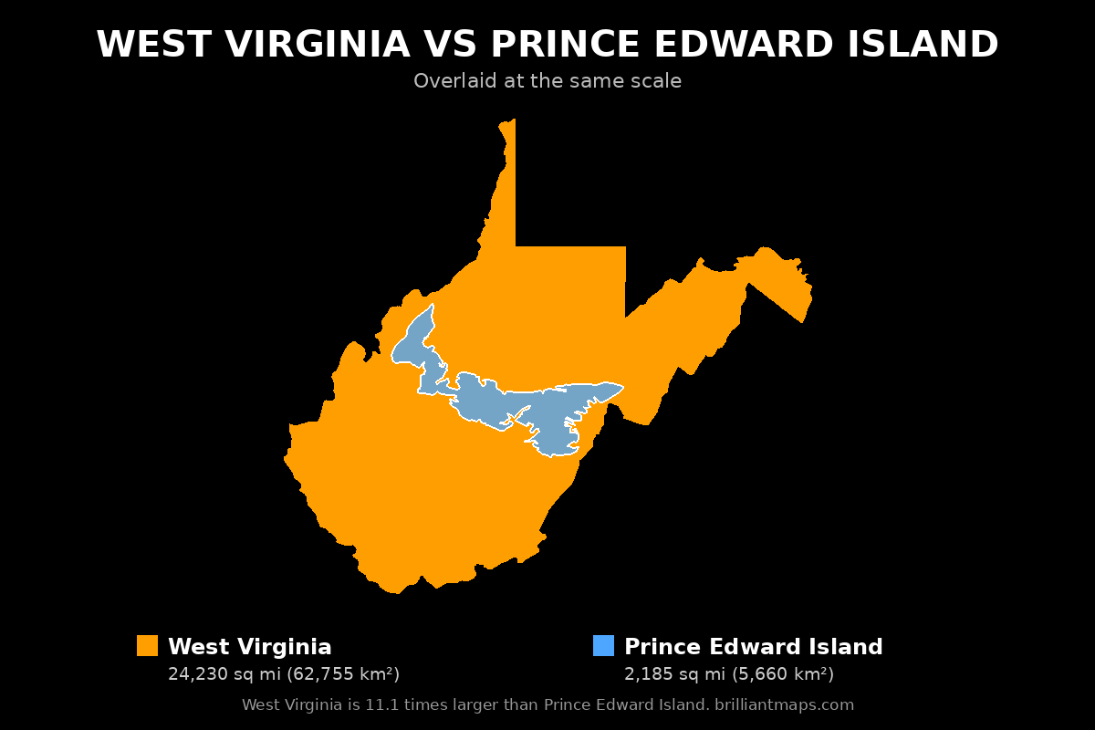 West Virginia vs Prince Edward Island Size Comparison Map