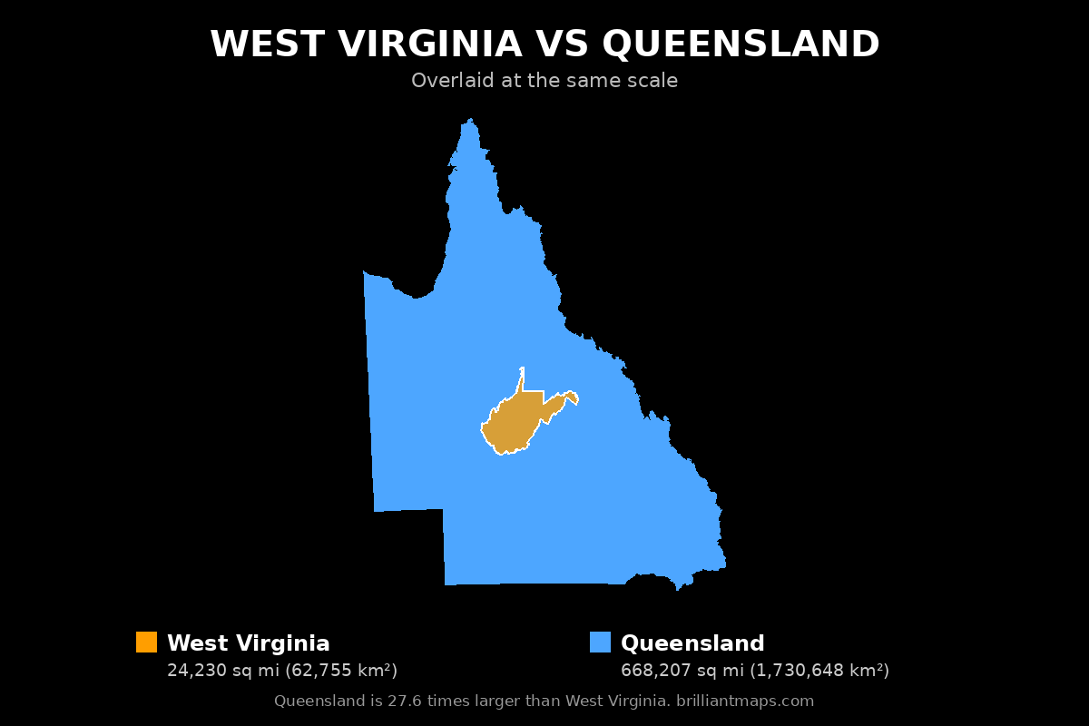 West Virginia vs Queensland Size Comparison Map