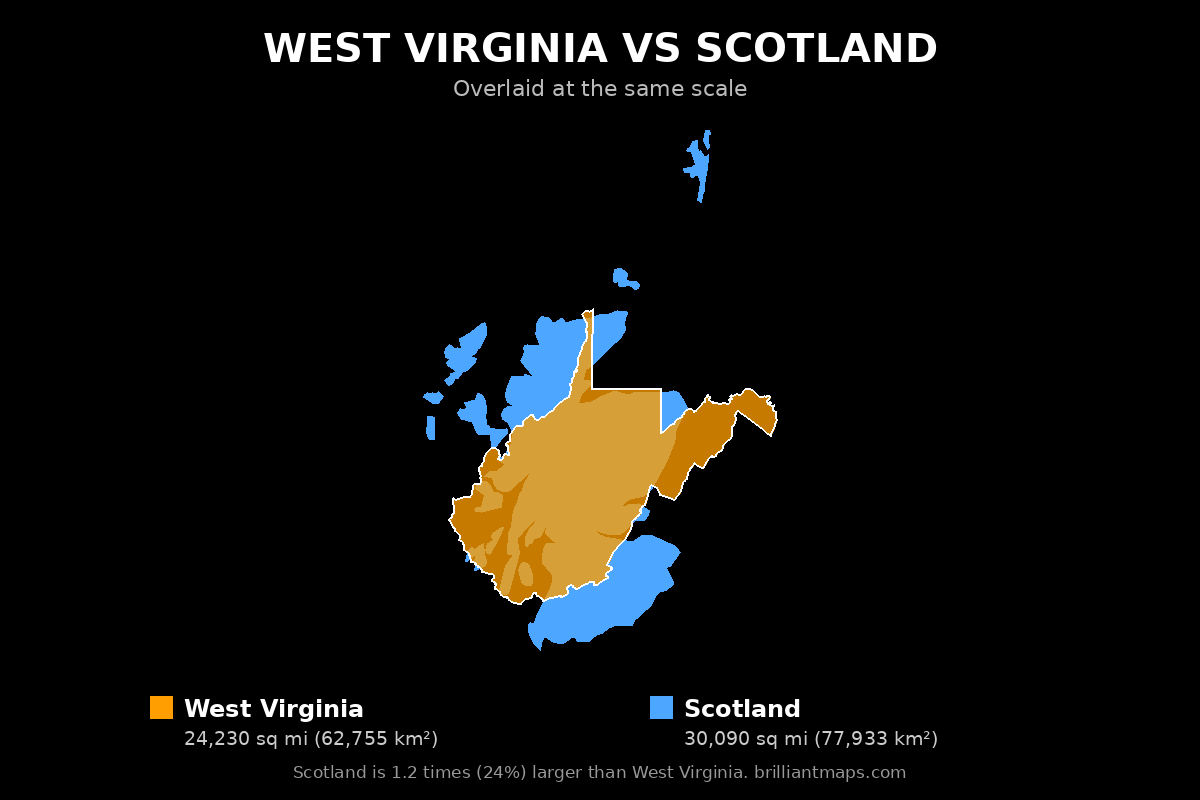 West Virginia vs Scotland Size Comparison Map