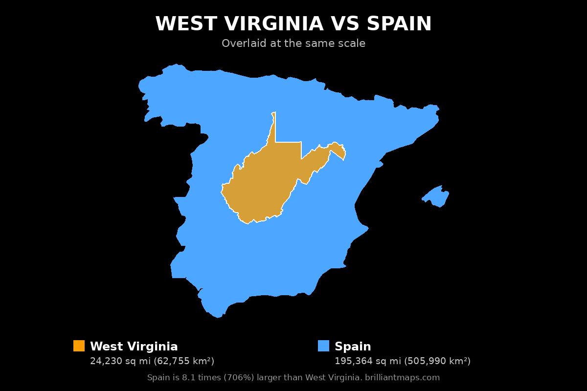 West Virginia vs Spain Size Comparison Map