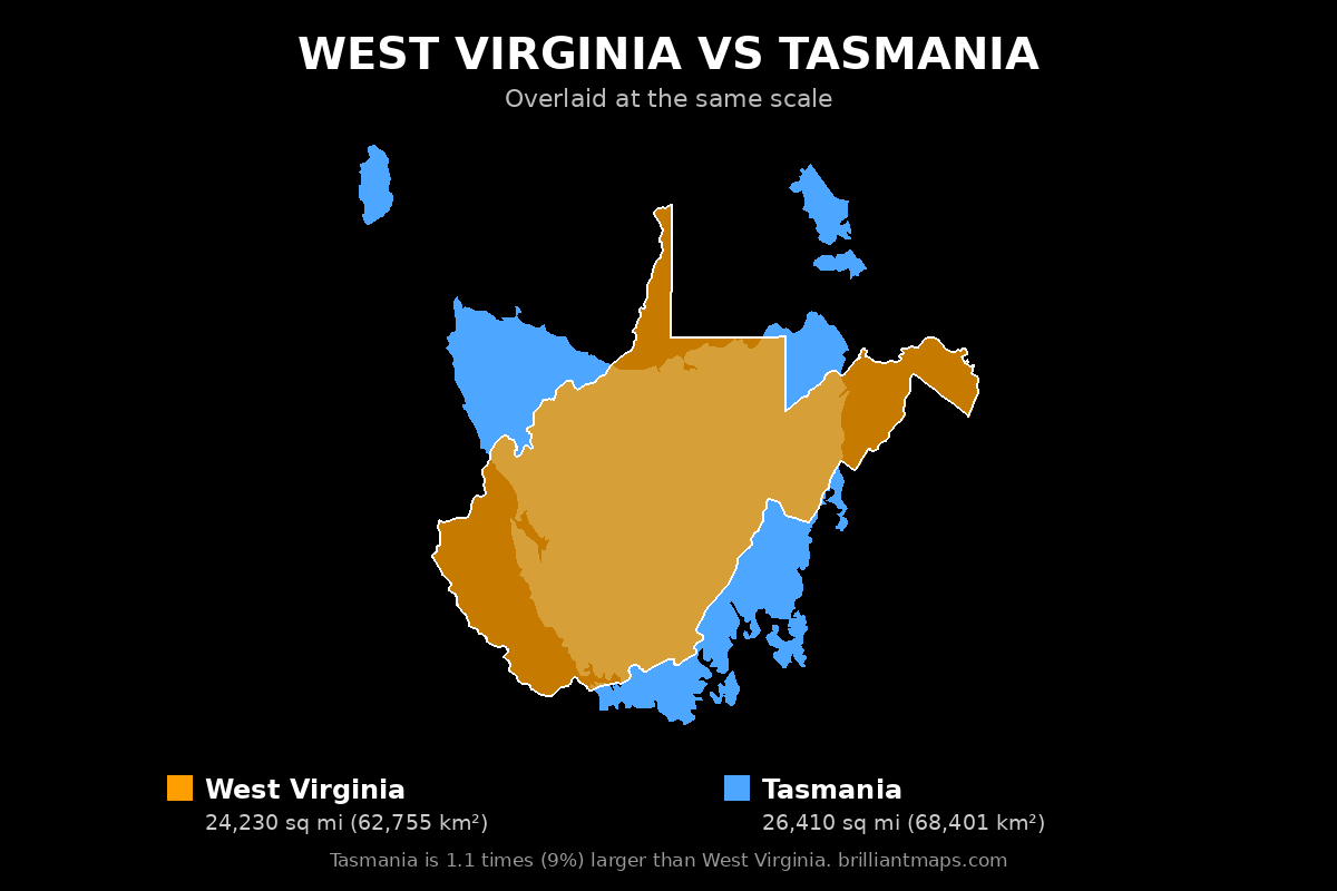 West Virginia vs Tasmania Size Comparison Map