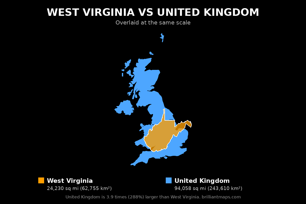 West Virginia vs United Kingdom Size Comparison Map