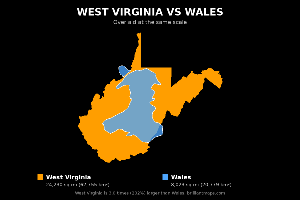 West Virginia vs Wales Size Comparison Map