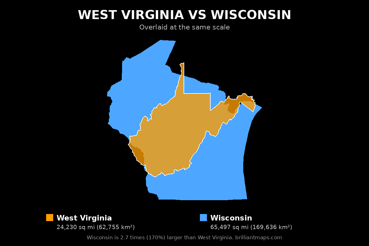 West Virginia vs Wisconsin Size Comparison Map