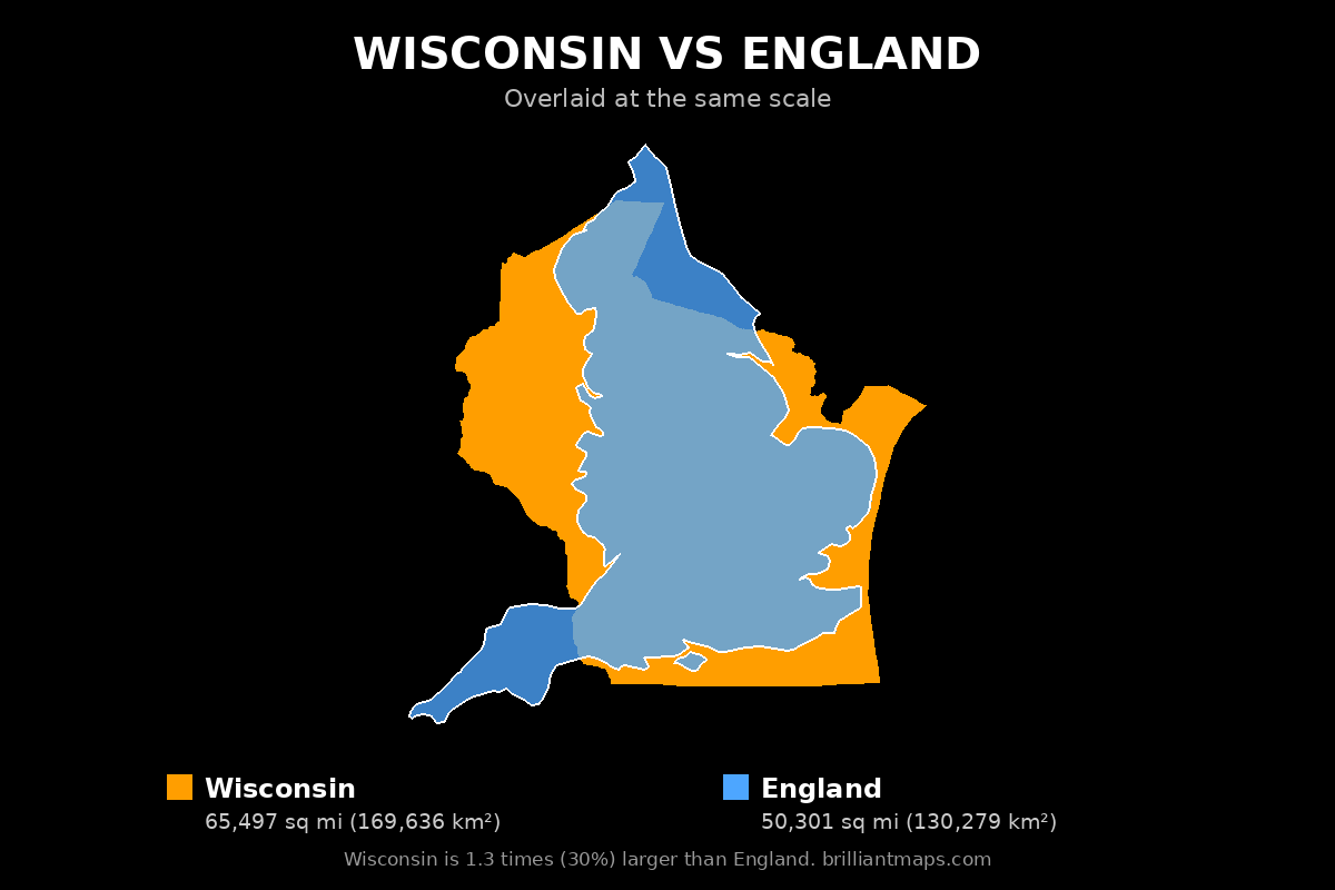 Wisconsin vs England Size Comparison Map
