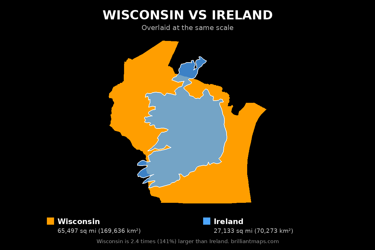Wisconsin vs Ireland Size Comparison Map