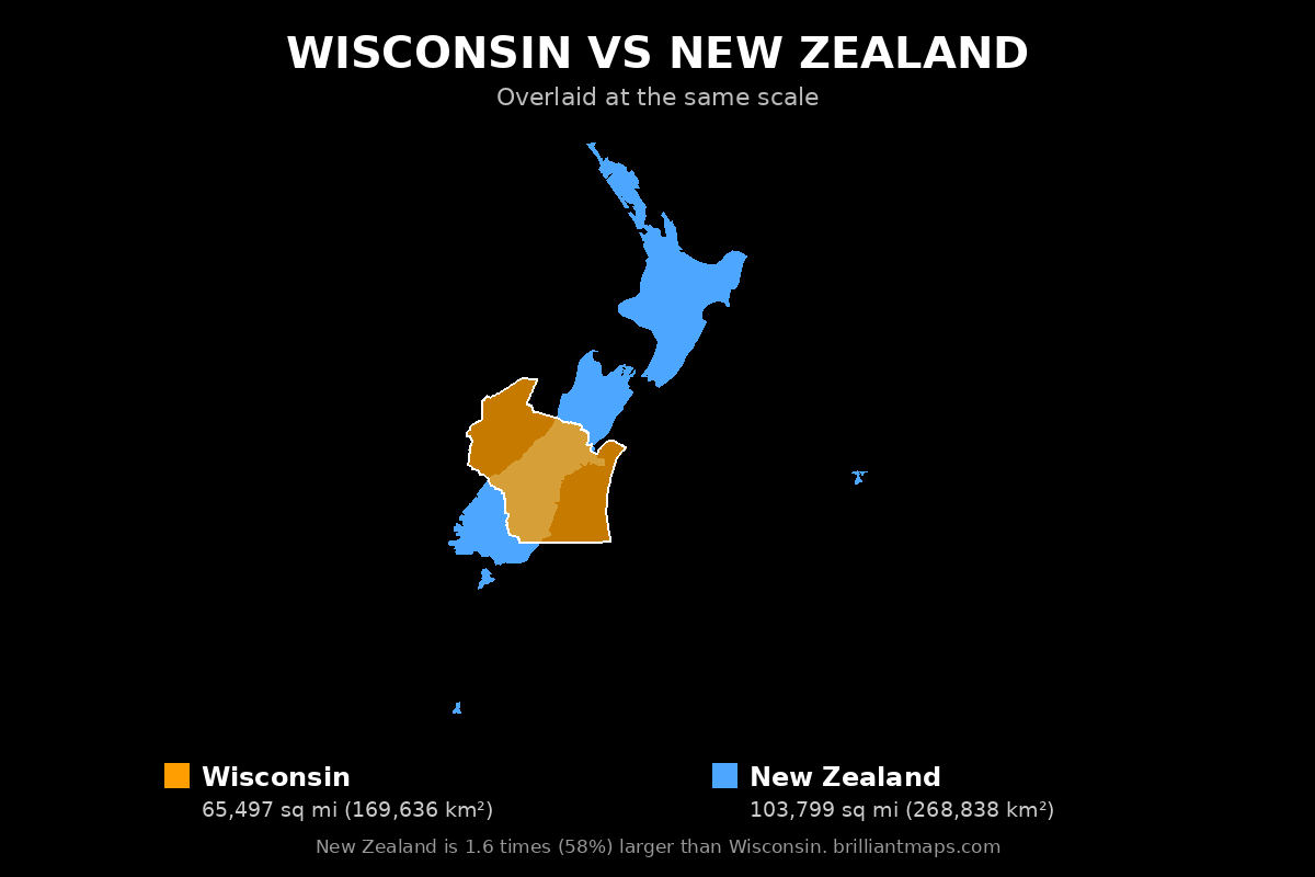 Wisconsin vs New Zealand Size Comparison Map