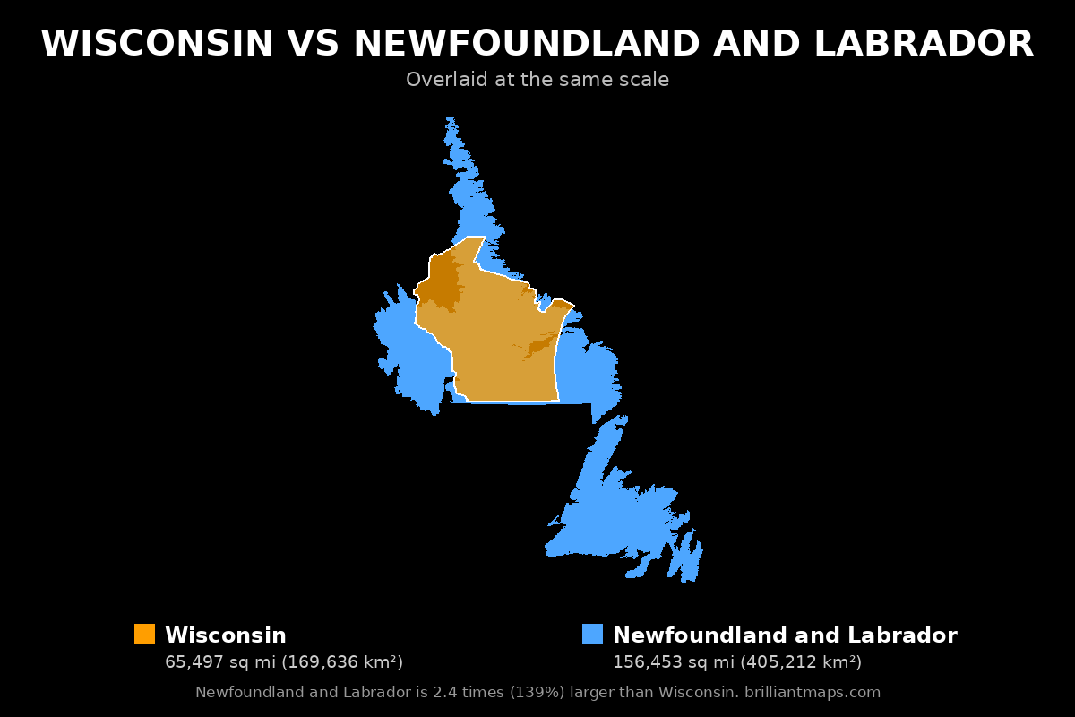 Wisconsin vs Newfoundland and Labrador Size Comparison Map