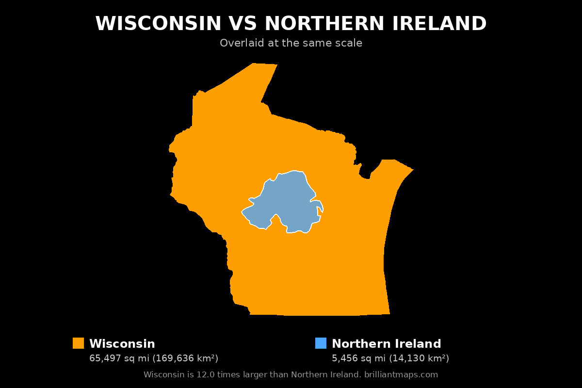 Wisconsin vs Northern Ireland Size Comparison Map
