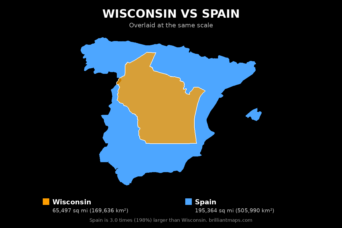 Wisconsin vs Spain Size Comparison Map