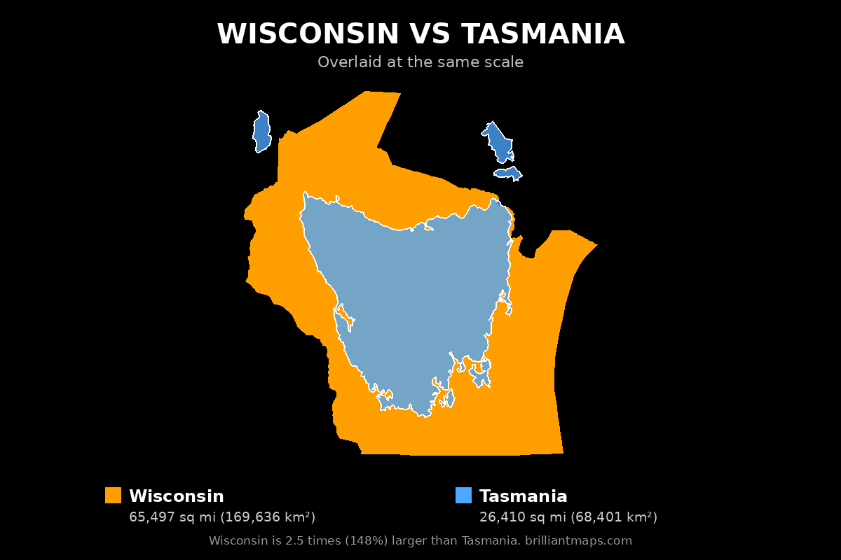 Wisconsin vs Tasmania Size Comparison Map