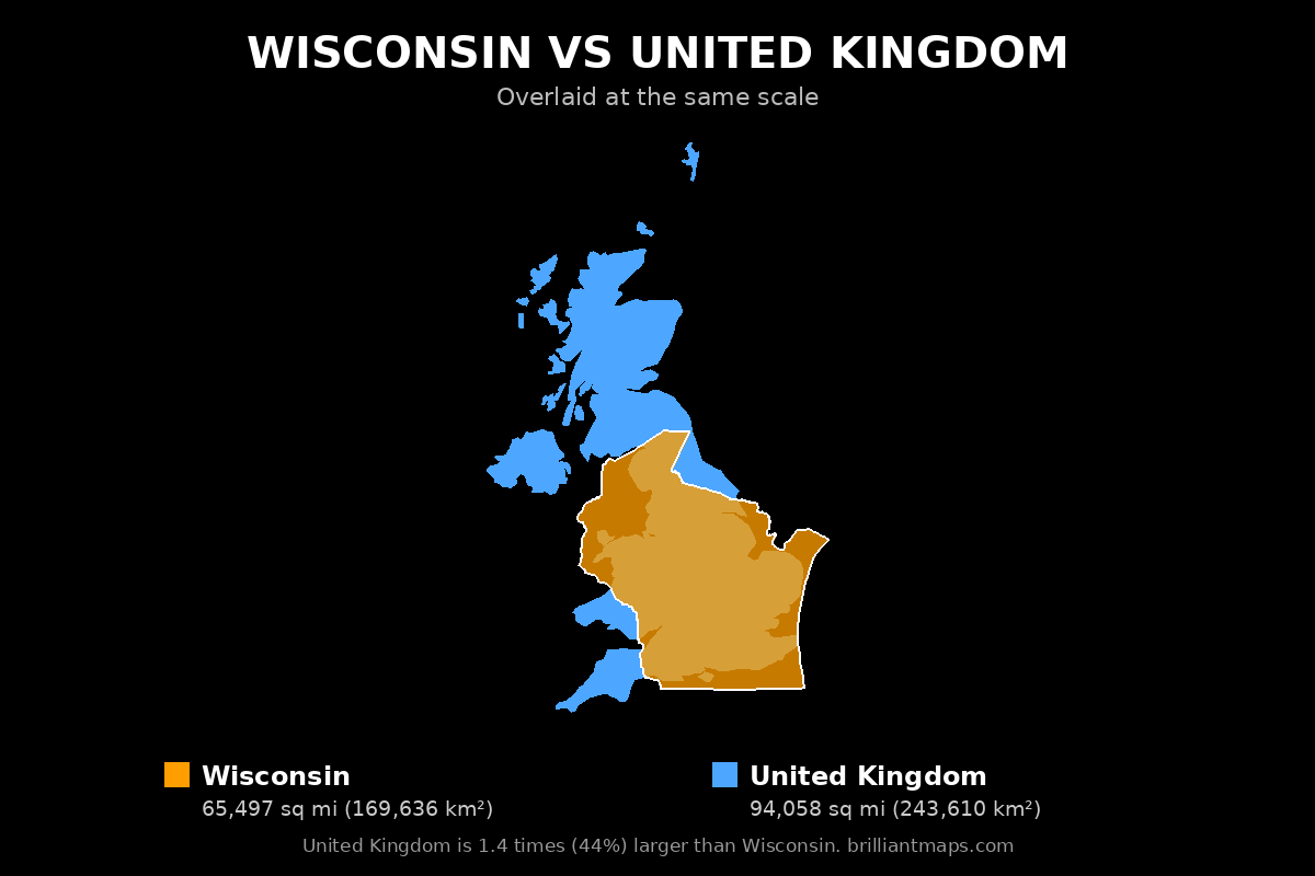 Wisconsin vs United Kingdom Size Comparison Map