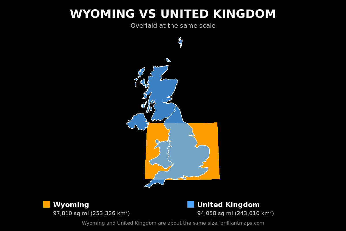 Wyoming vs United Kingdom Size Comparison Map