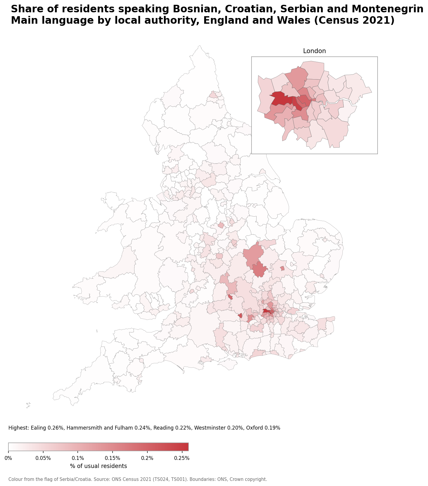 Map of the percentage of residents with Bosnian, Croatian, Serbian and Montenegrin as their main language by local authority in England and Wales, Census 2021
