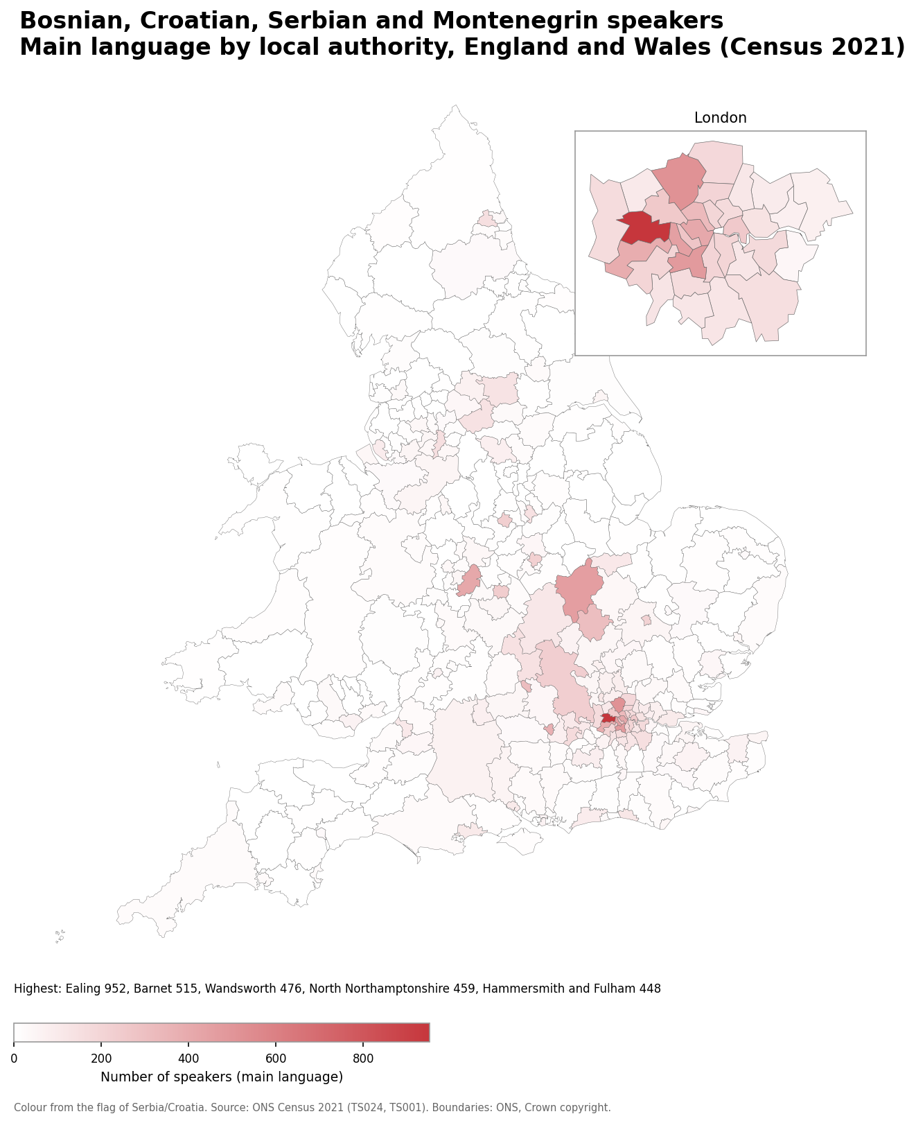 Map of the number of people with Bosnian, Croatian, Serbian and Montenegrin as their main language by local authority in England and Wales, Census 2021