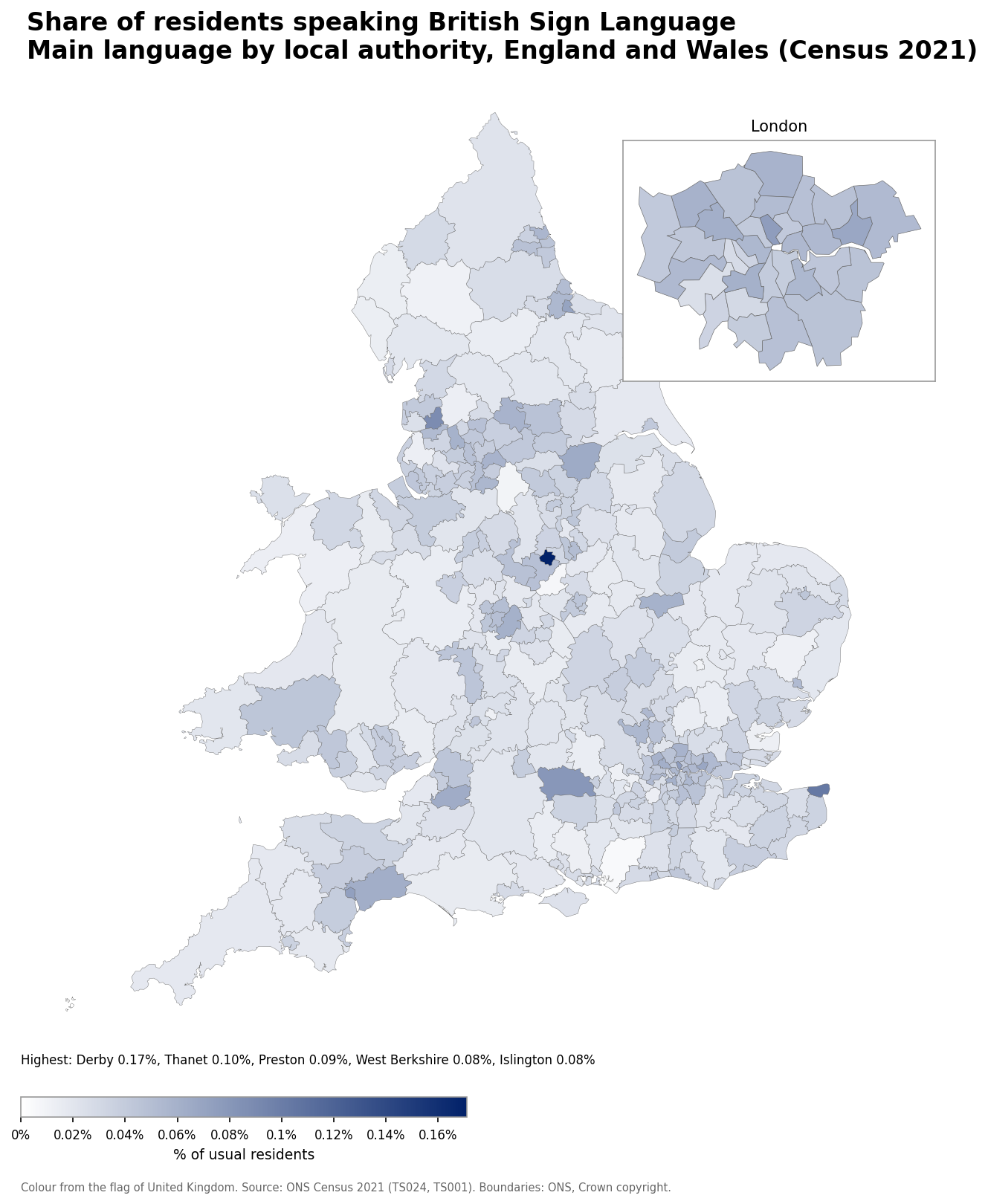 Map of the percentage of residents with British Sign Language as their main language by local authority in England and Wales, Census 2021
