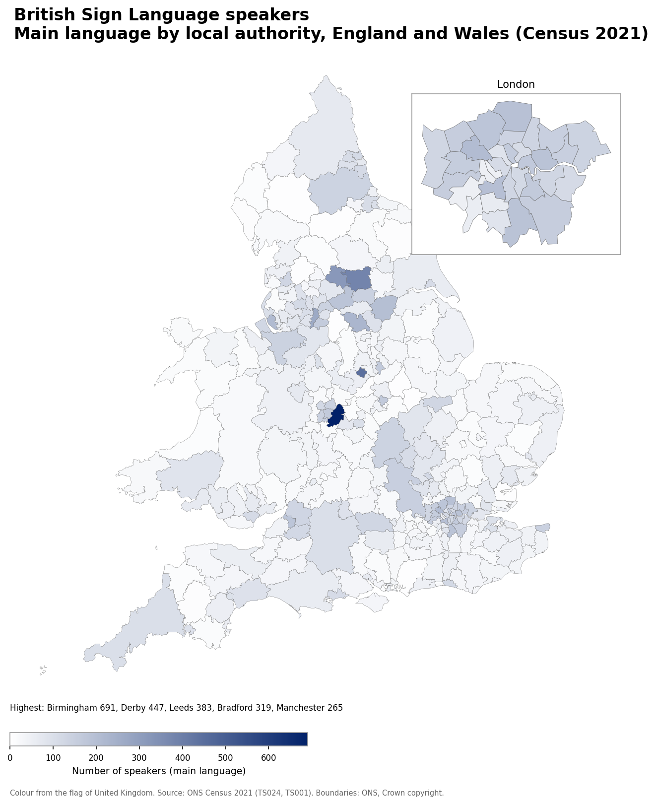 Map of the number of people with British Sign Language as their main language by local authority in England and Wales, Census 2021