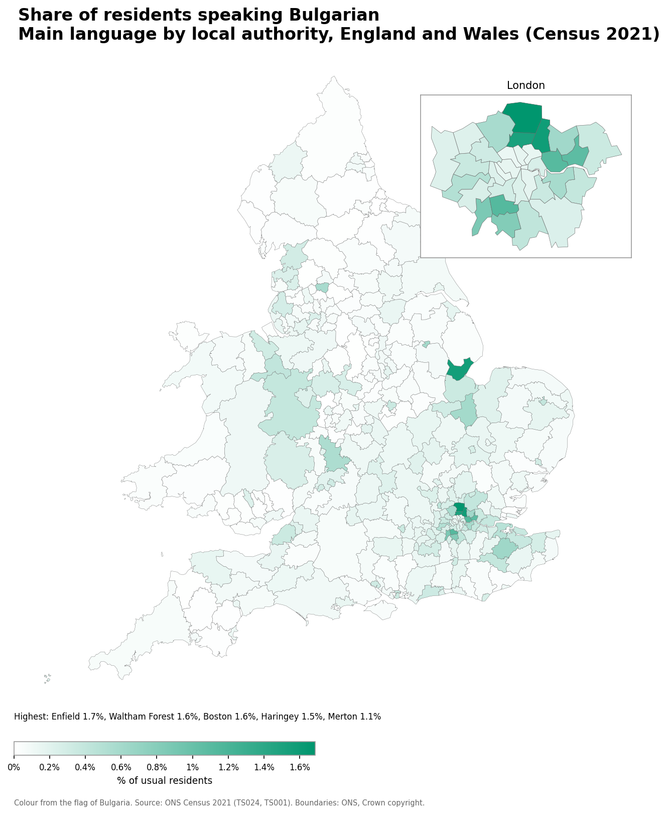 Map of the percentage of residents with Bulgarian as their main language by local authority in England and Wales, Census 2021