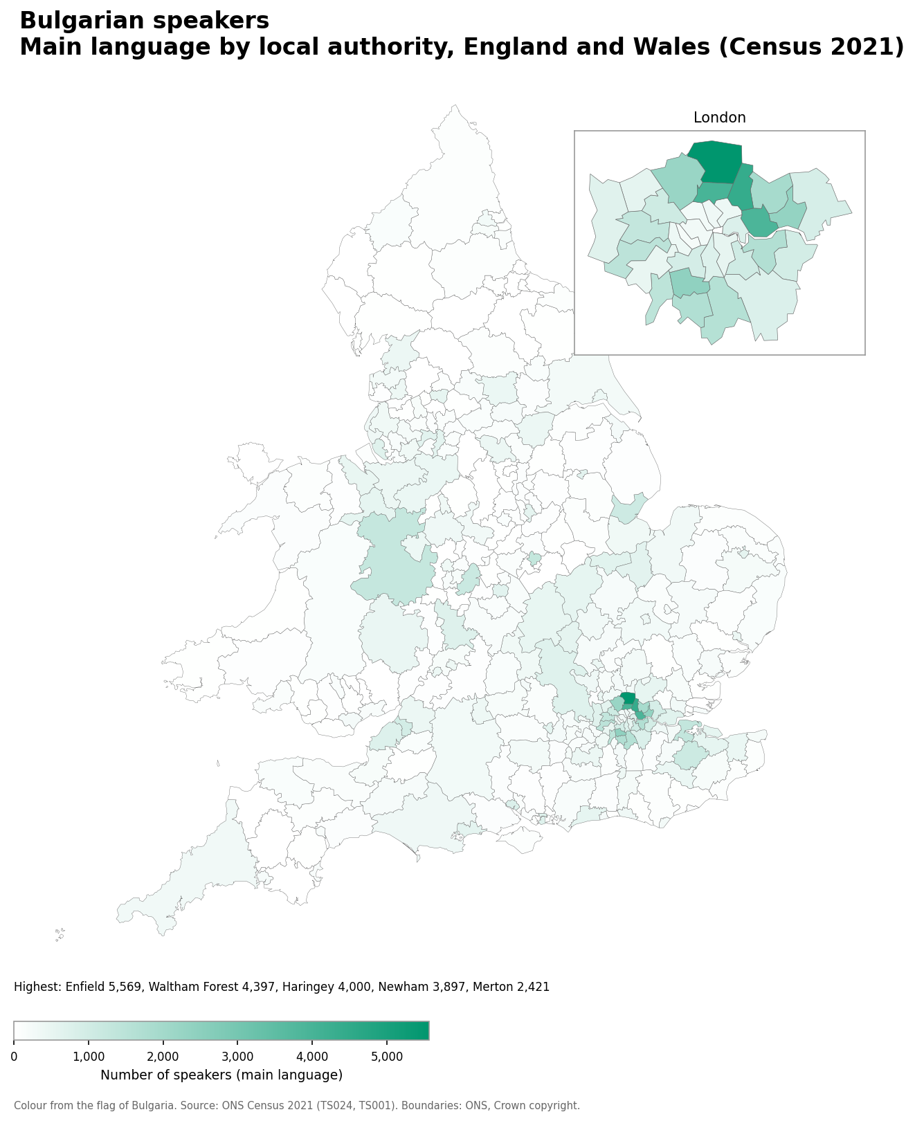Map of the number of people with Bulgarian as their main language by local authority in England and Wales, Census 2021