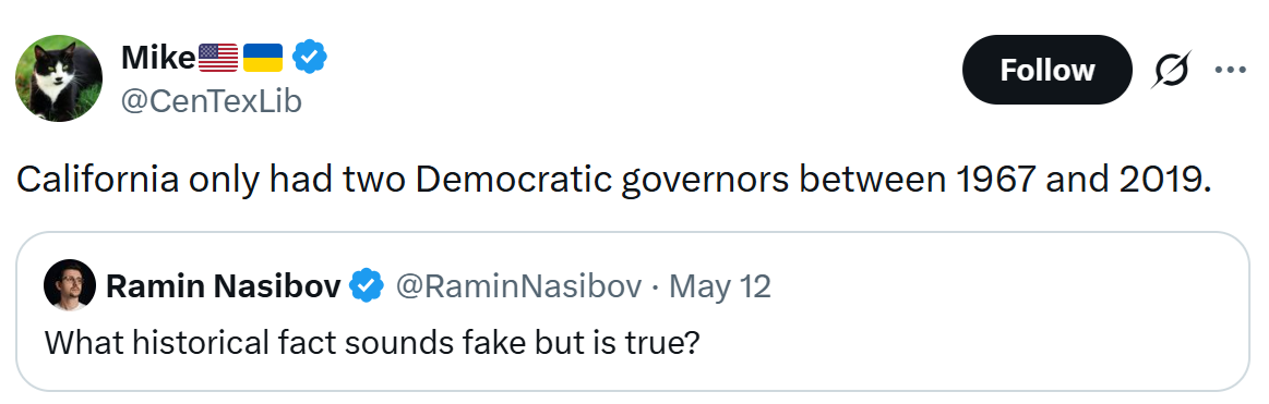 California only had two Democratic governors between 1967 and 2019.