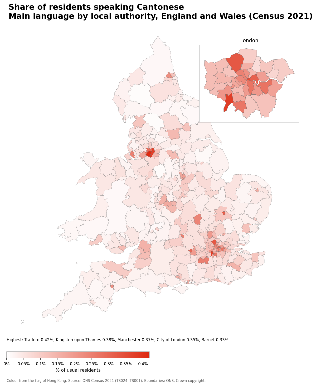 Map of the percentage of residents with Cantonese as their main language by local authority in England and Wales, Census 2021