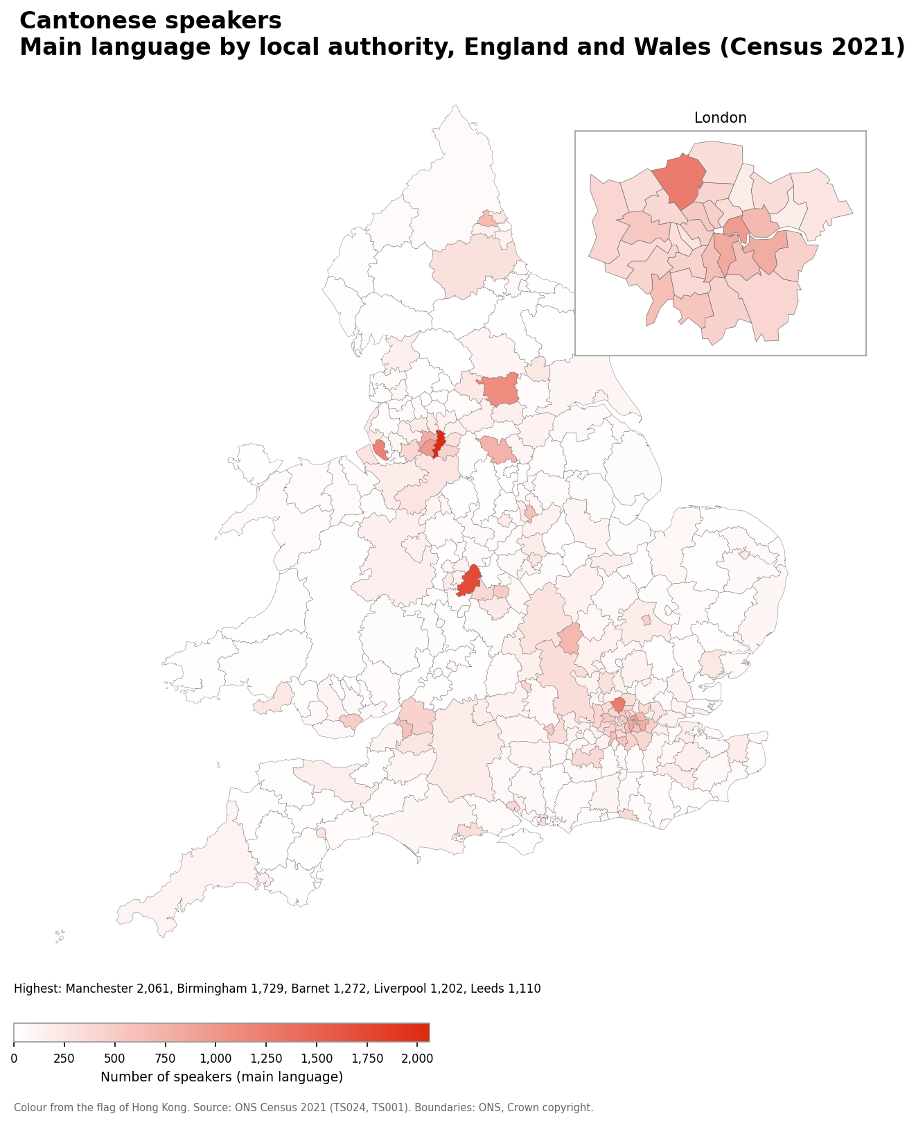 Map of the number of people with Cantonese as their main language by local authority in England and Wales, Census 2021