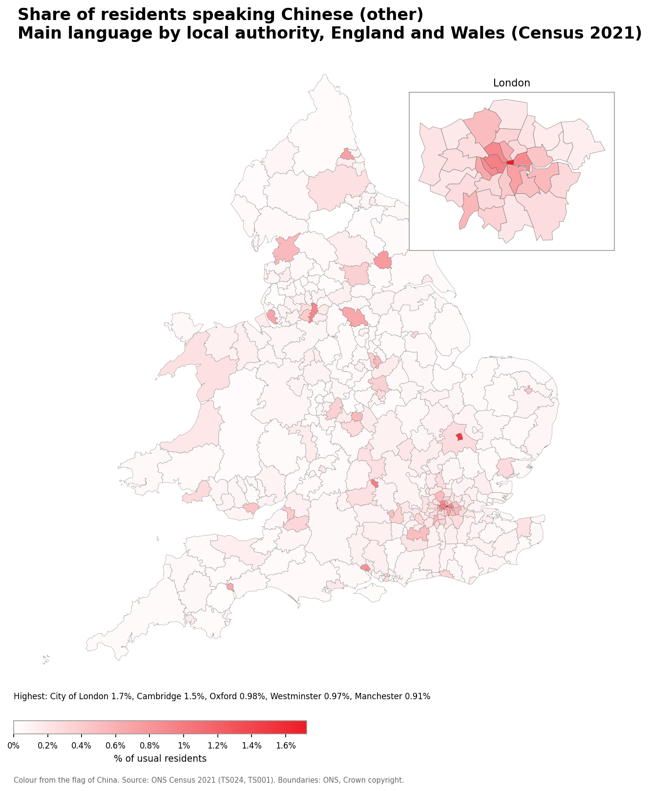 Map of the percentage of residents with Chinese (other) as their main language by local authority in England and Wales, Census 2021