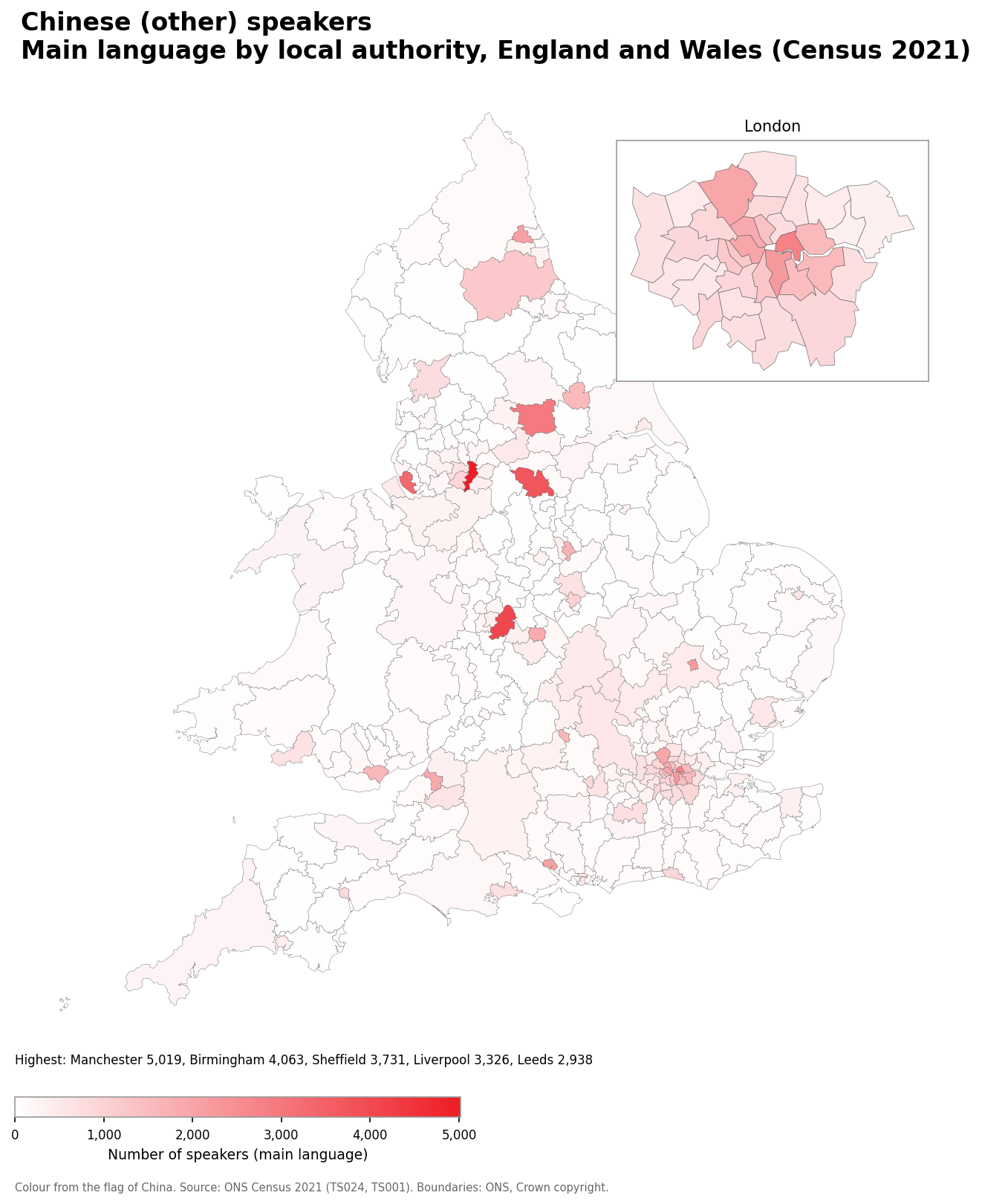 Map of the number of people with Chinese (other) as their main language by local authority in England and Wales, Census 2021
