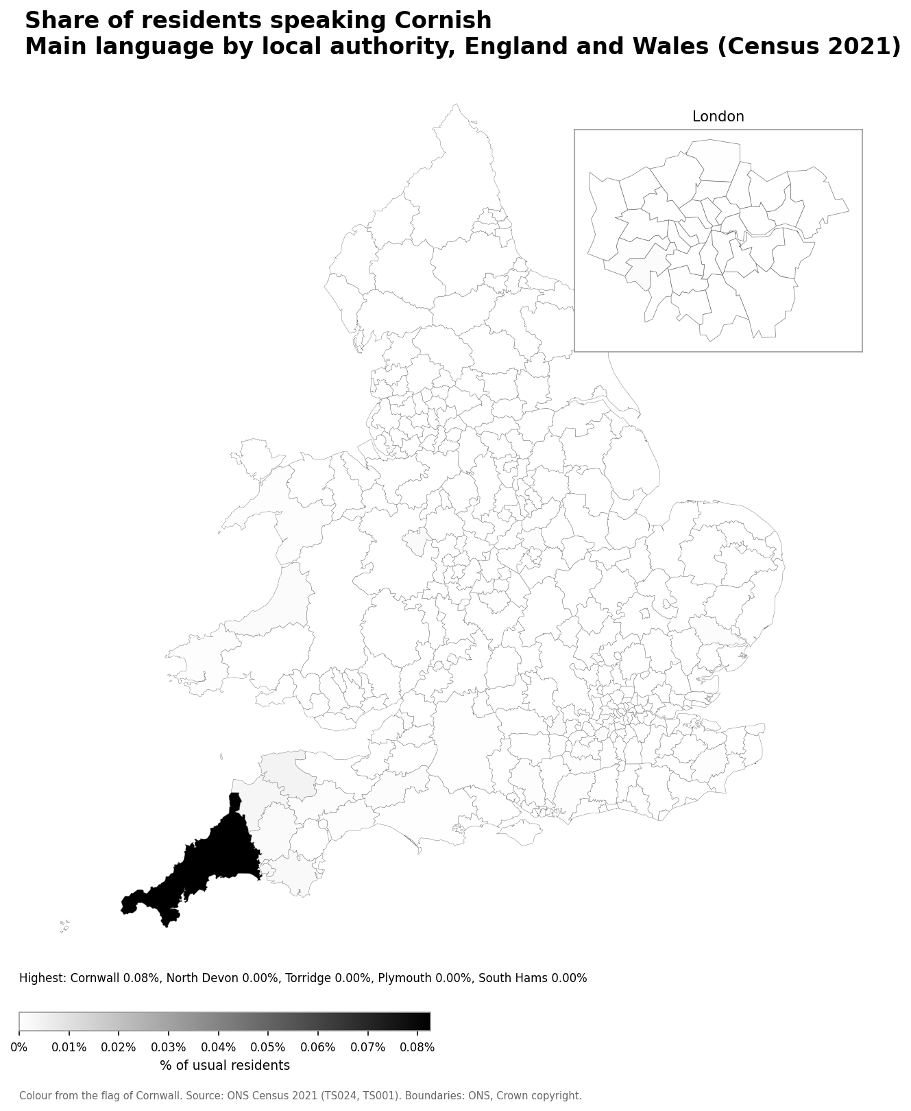 Map of the percentage of residents with Cornish as their main language by local authority in England and Wales, Census 2021