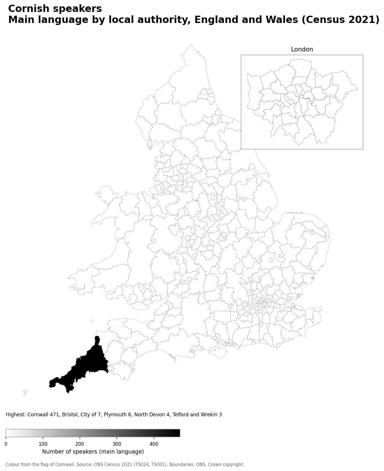 Map of the number of people with Cornish as their main language by local authority in England and Wales, Census 2021