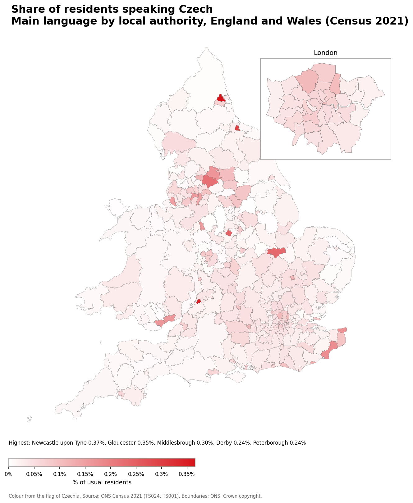 Map of the percentage of residents with Czech as their main language by local authority in England and Wales, Census 2021