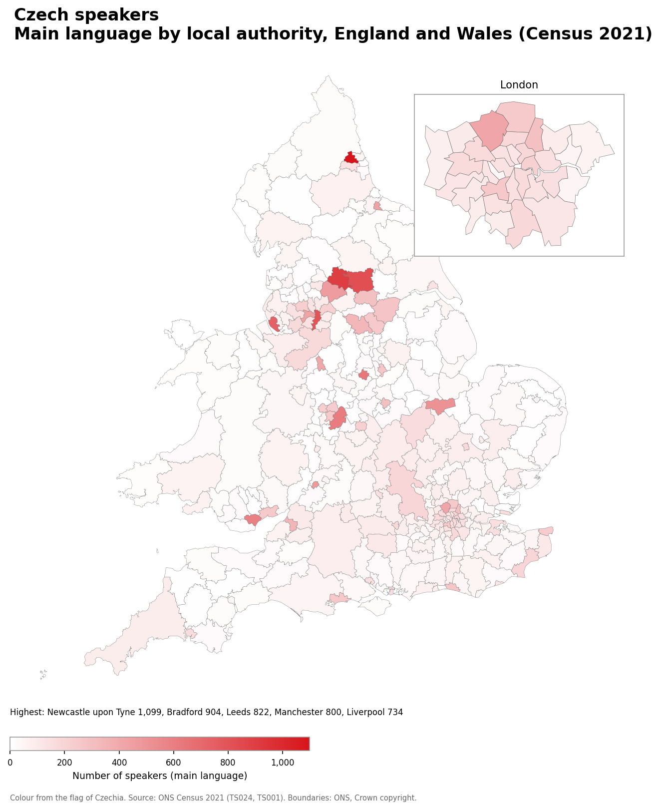 Map of the number of people with Czech as their main language by local authority in England and Wales, Census 2021