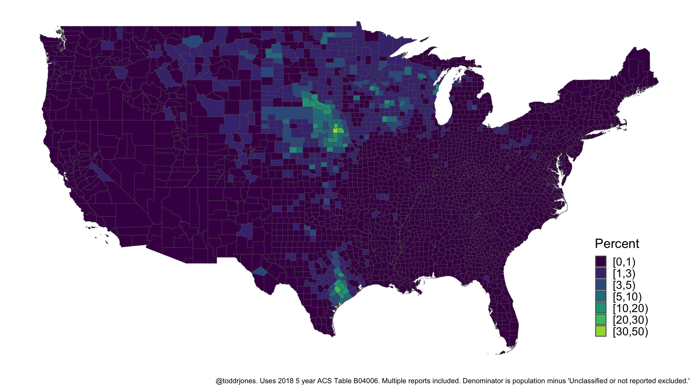 Percentage of county reporting Czech ancestry