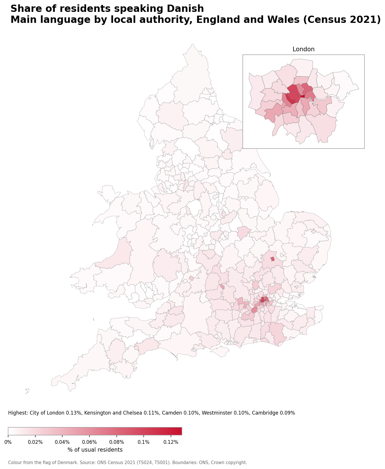 Map of the percentage of residents with Danish as their main language by local authority in England and Wales, Census 2021