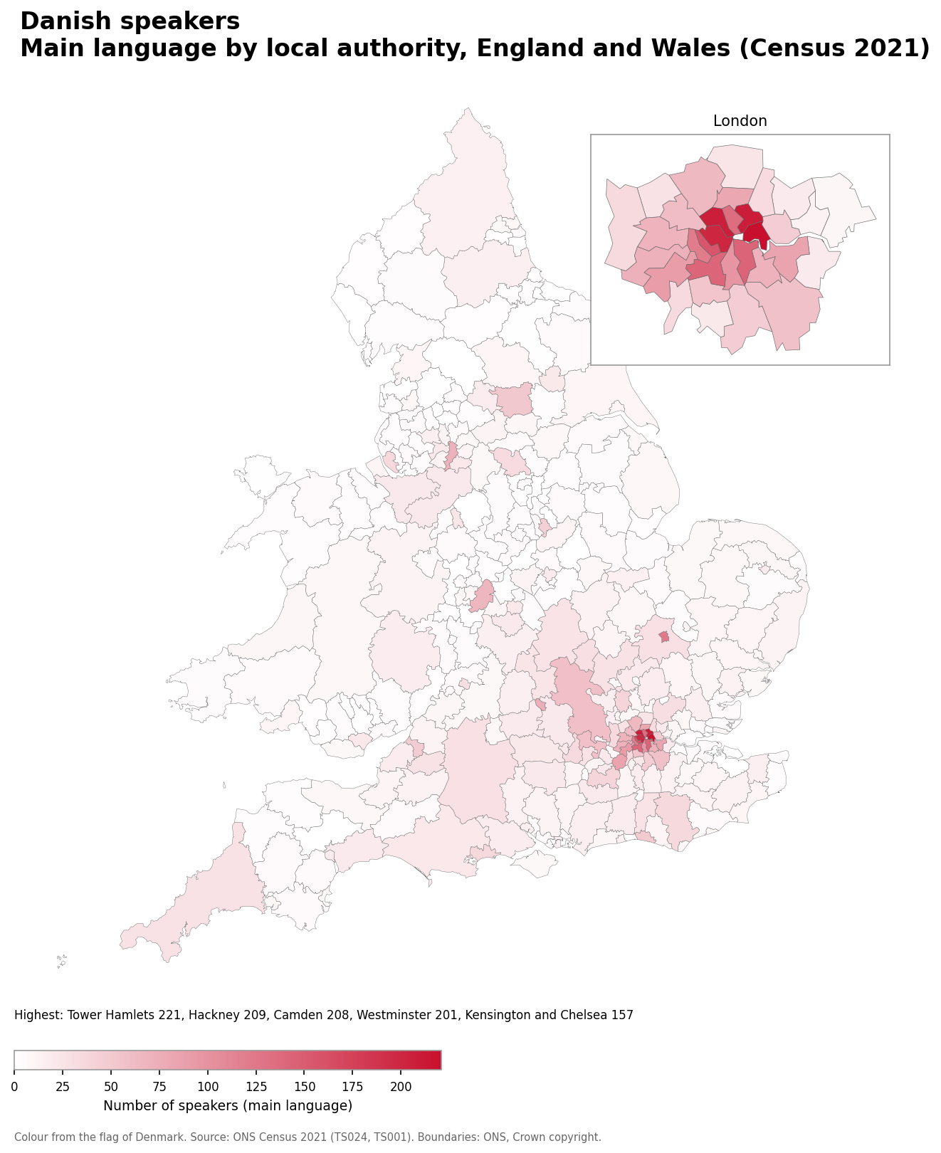 Map of the number of people with Danish as their main language by local authority in England and Wales, Census 2021