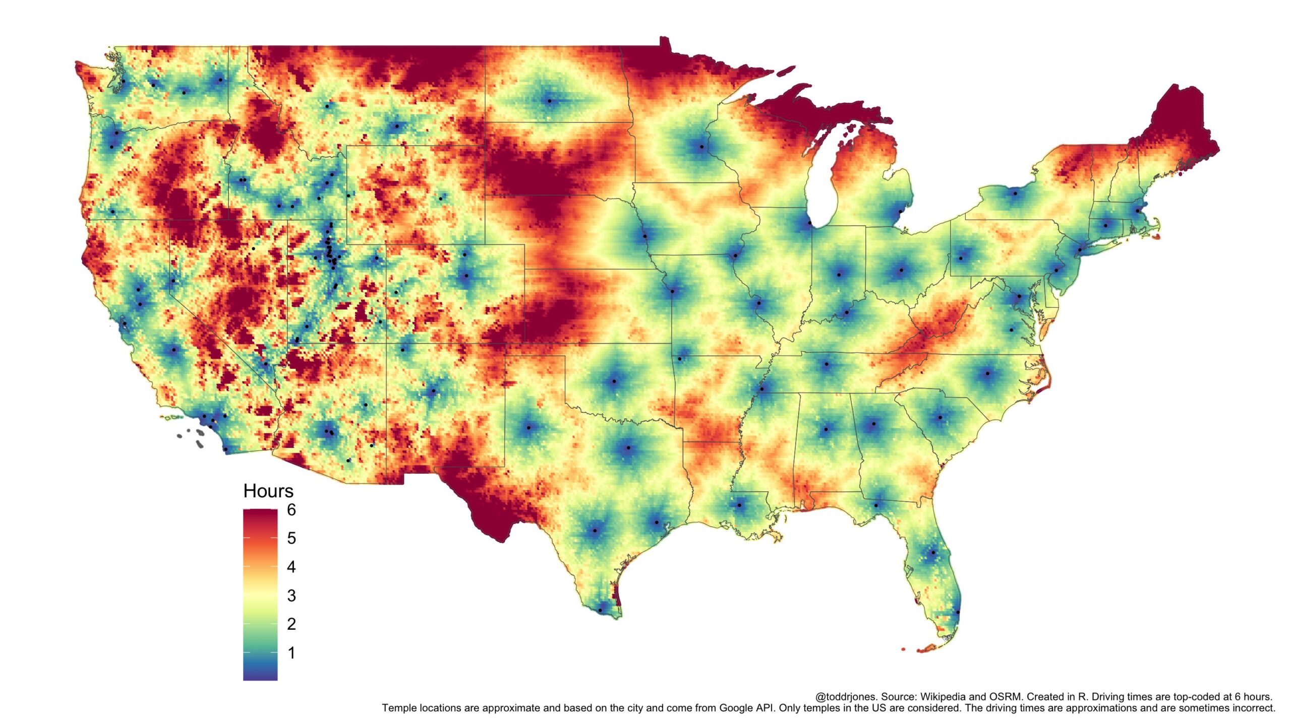 Driving time to nearest Latter-day Saint (Mormon) Temple