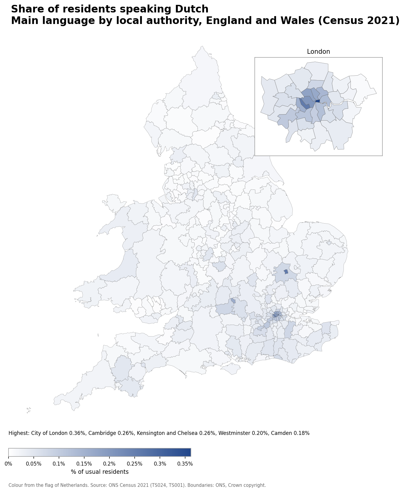 Map of the percentage of residents with Dutch as their main language by local authority in England and Wales, Census 2021