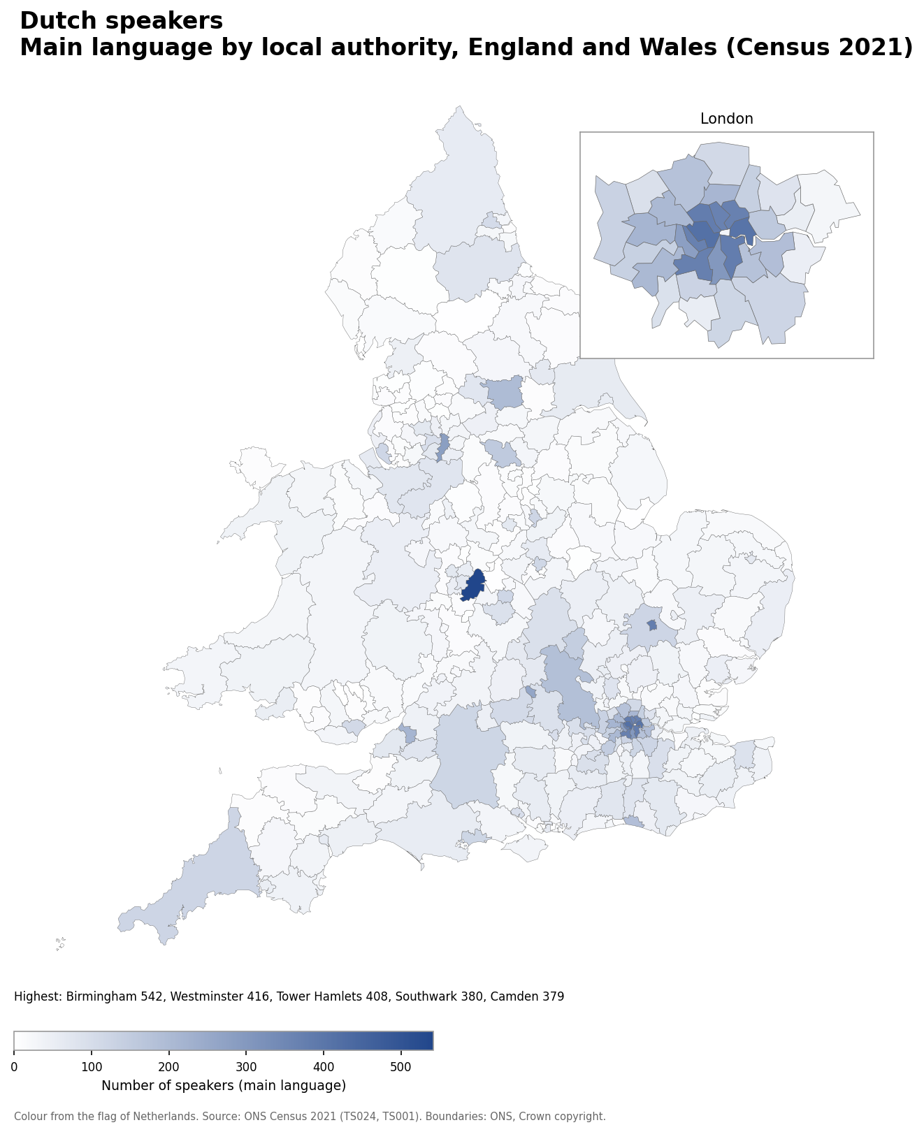 Map of the number of people with Dutch as their main language by local authority in England and Wales, Census 2021