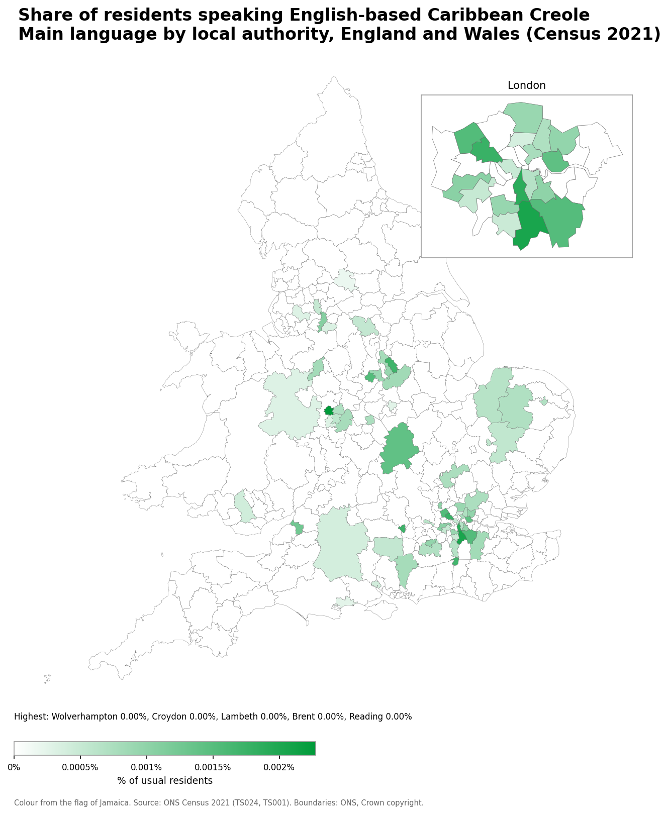 Map of the percentage of residents with English-based Caribbean Creole as their main language by local authority in England and Wales, Census 2021