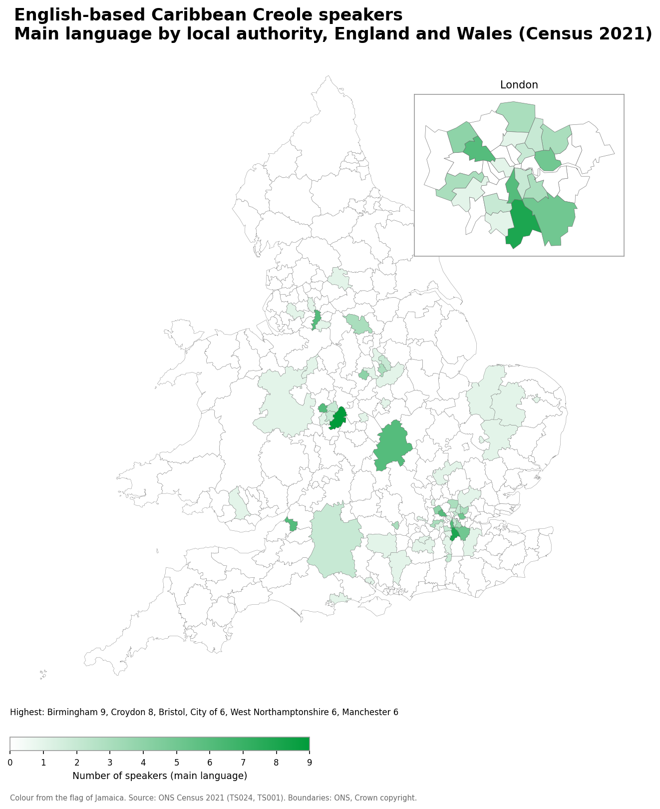 Map of the number of people with English-based Caribbean Creole as their main language by local authority in England and Wales, Census 2021