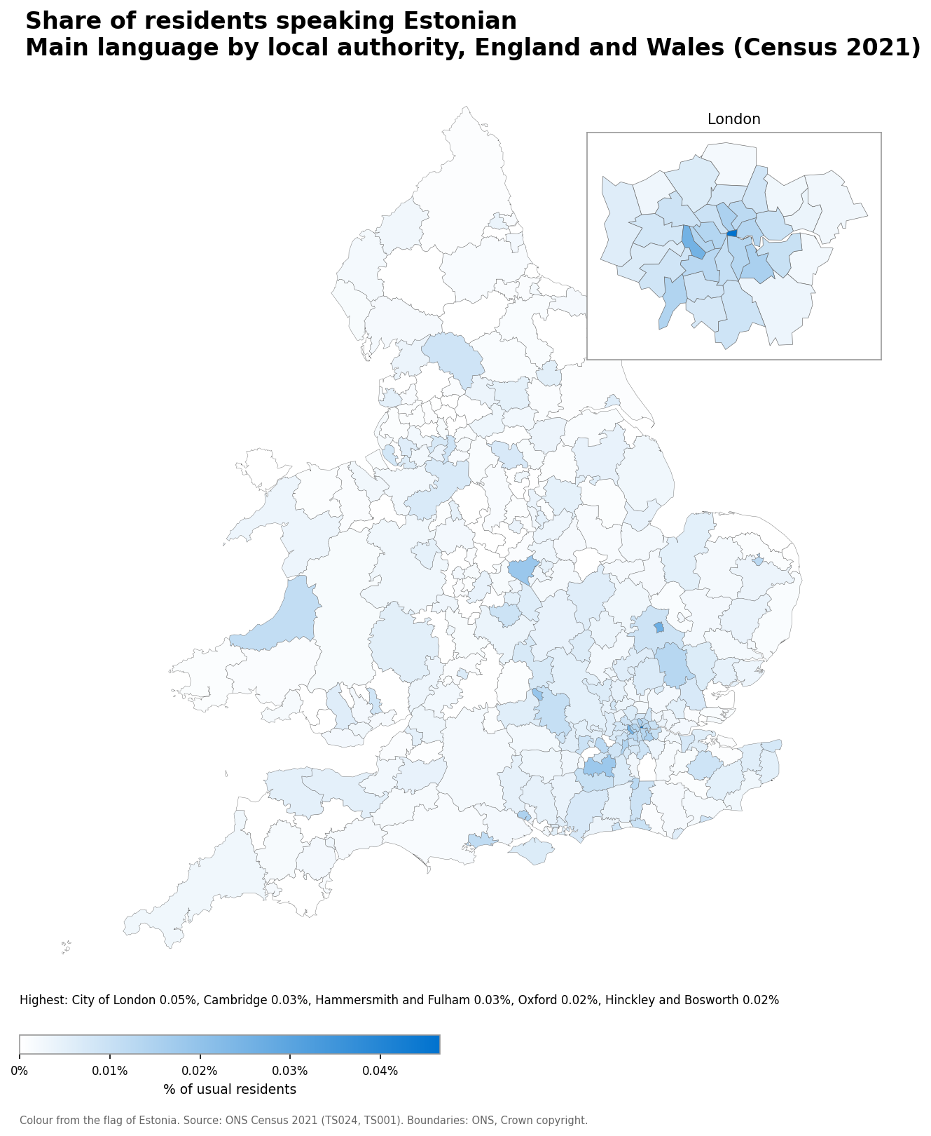 Map of the percentage of residents with Estonian as their main language by local authority in England and Wales, Census 2021