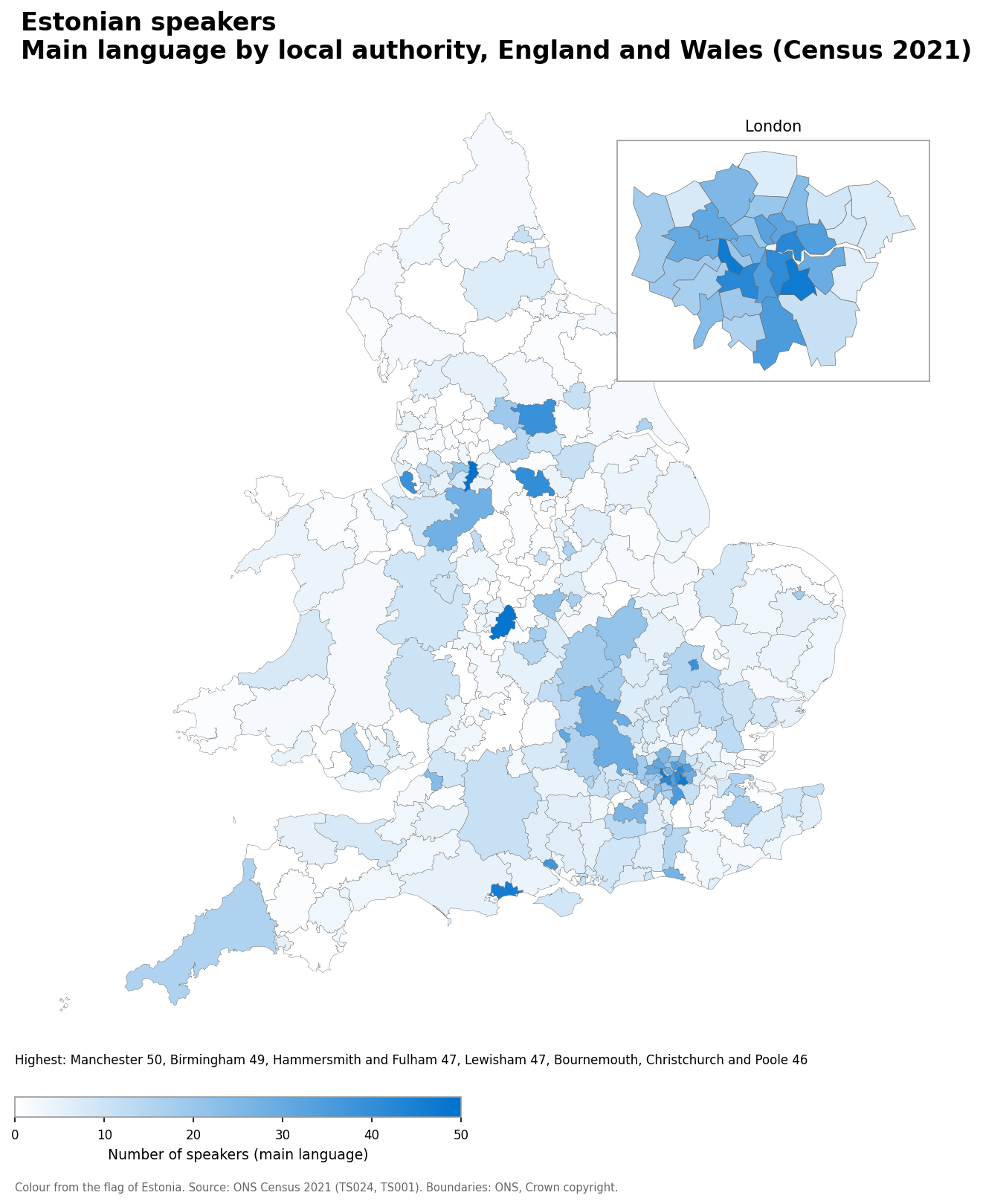 Map of the number of people with Estonian as their main language by local authority in England and Wales, Census 2021