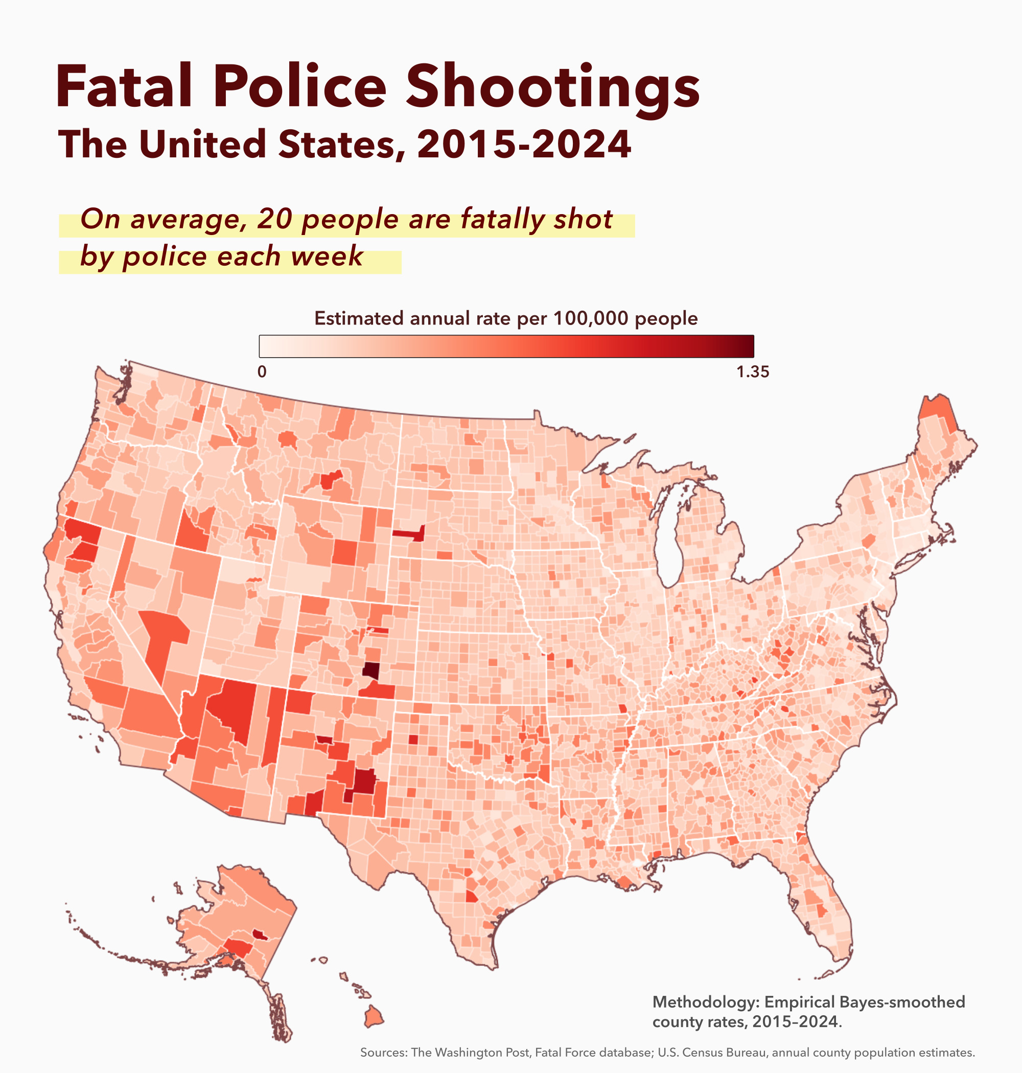Map of The 10,429 Fatal Police Shootings Between 2015 & 2024 By County