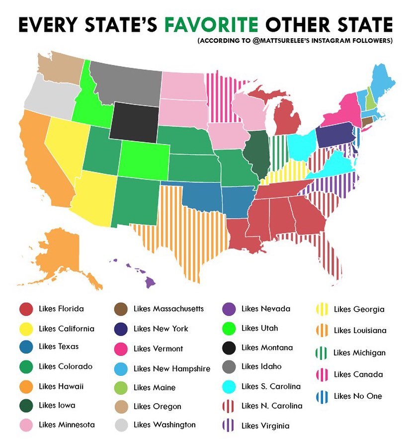 Every US State's Favorite State Besides Their Own Without Arrows