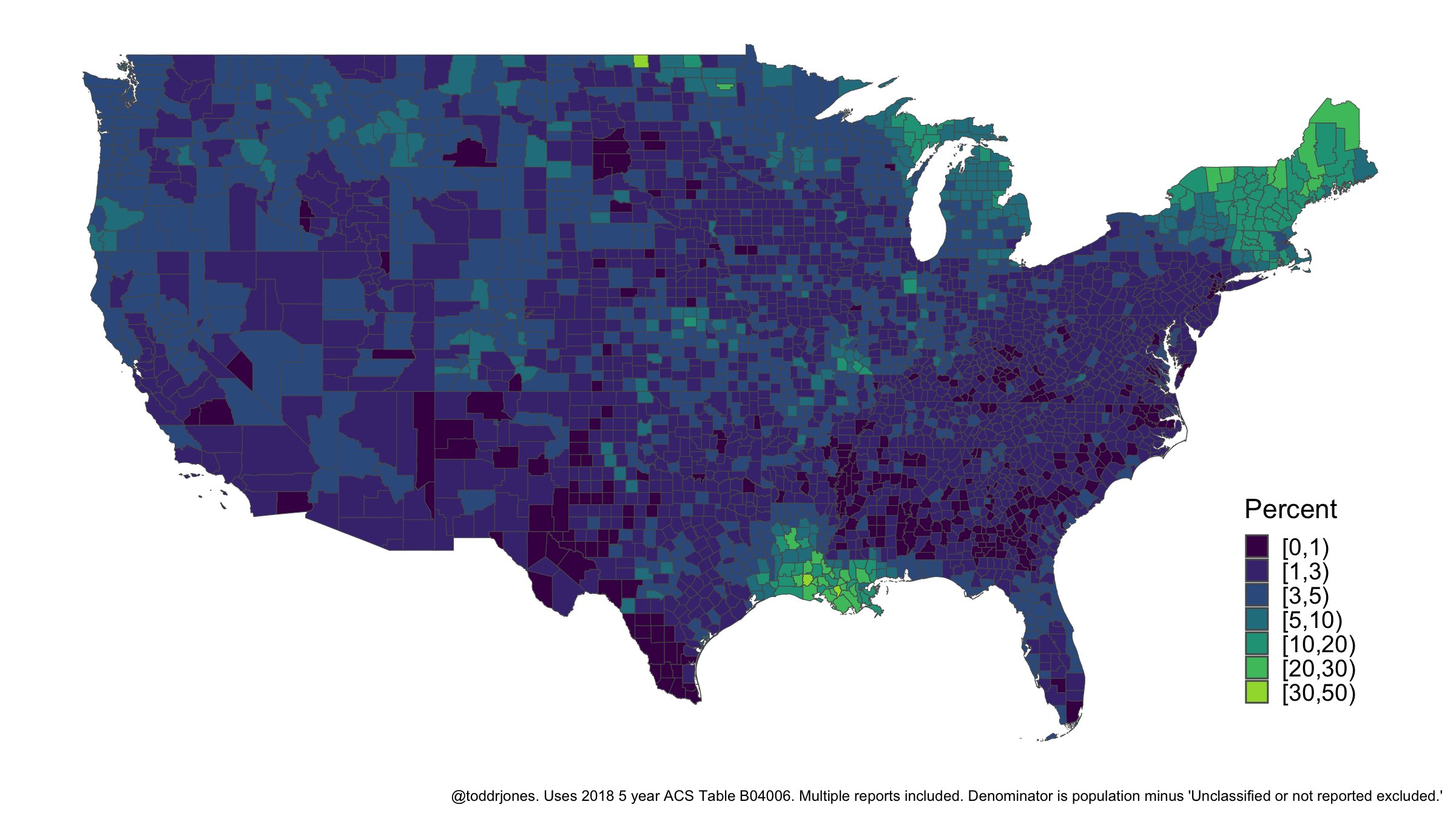 Percentage of county reporting French (excluding Basque) ancestry