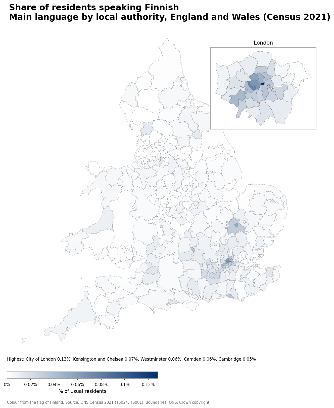 Map of the percentage of residents with Finnish as their main language by local authority in England and Wales, Census 2021