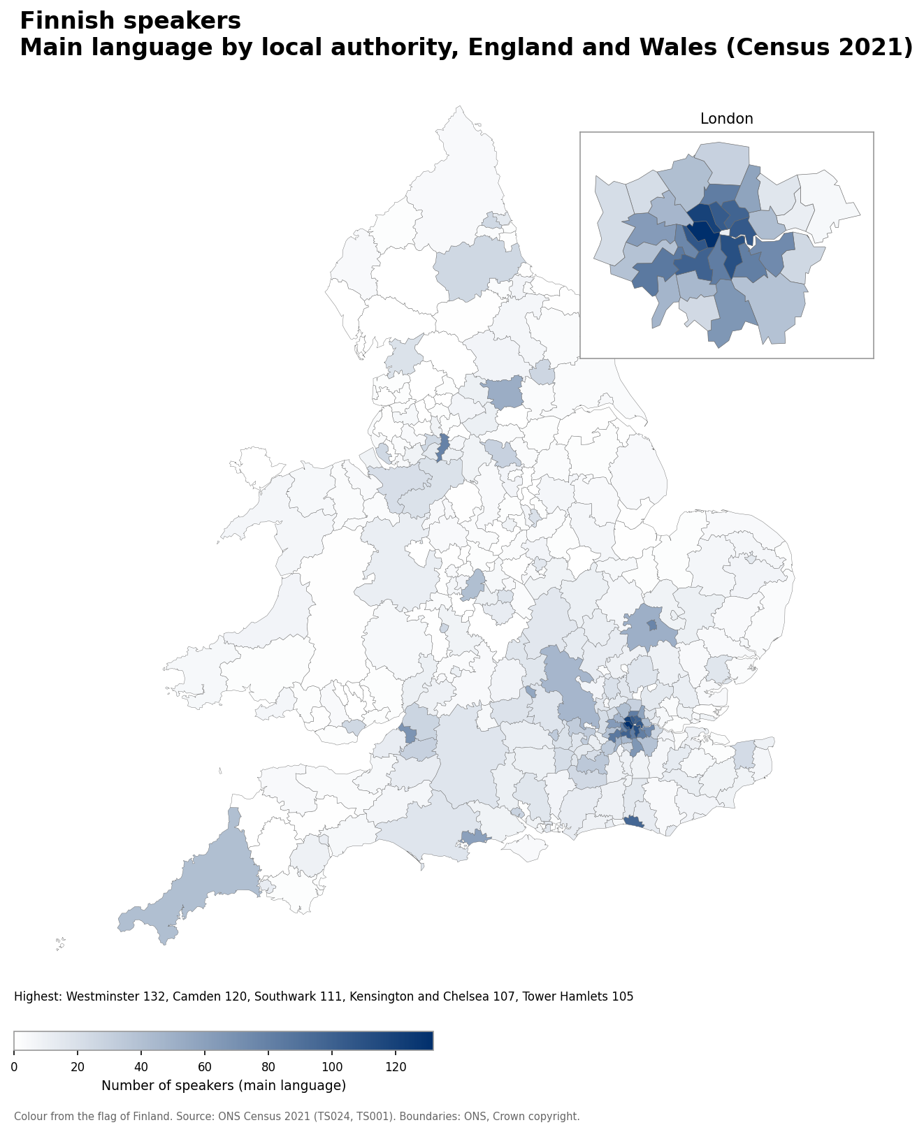 Map of the number of people with Finnish as their main language by local authority in England and Wales, Census 2021