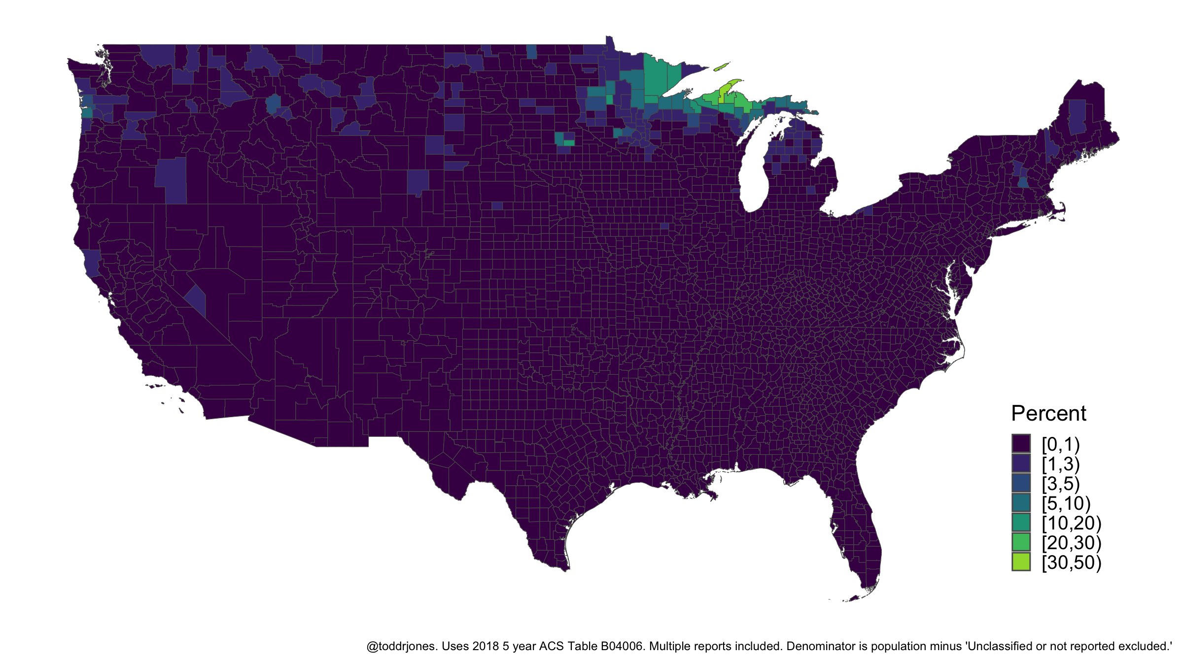 Percentage of county reporting Finnish ancestry