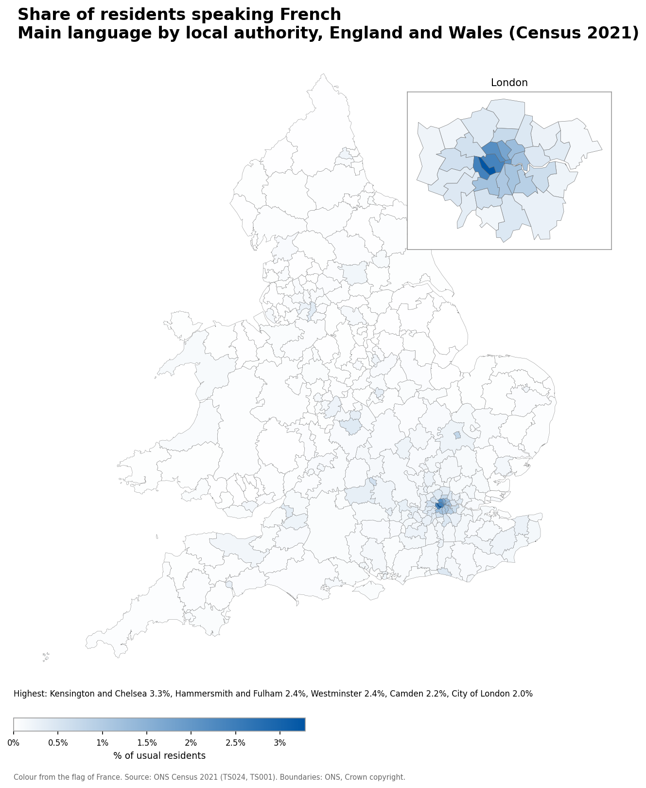 Map of the percentage of residents with French as their main language by local authority in England and Wales, Census 2021